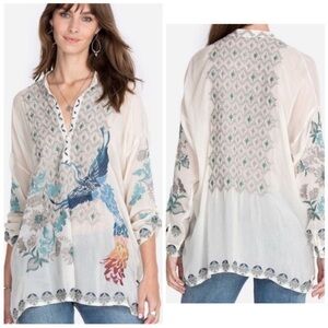 Johnny Was Blue Phoenix Embroidered Tunic Blouse